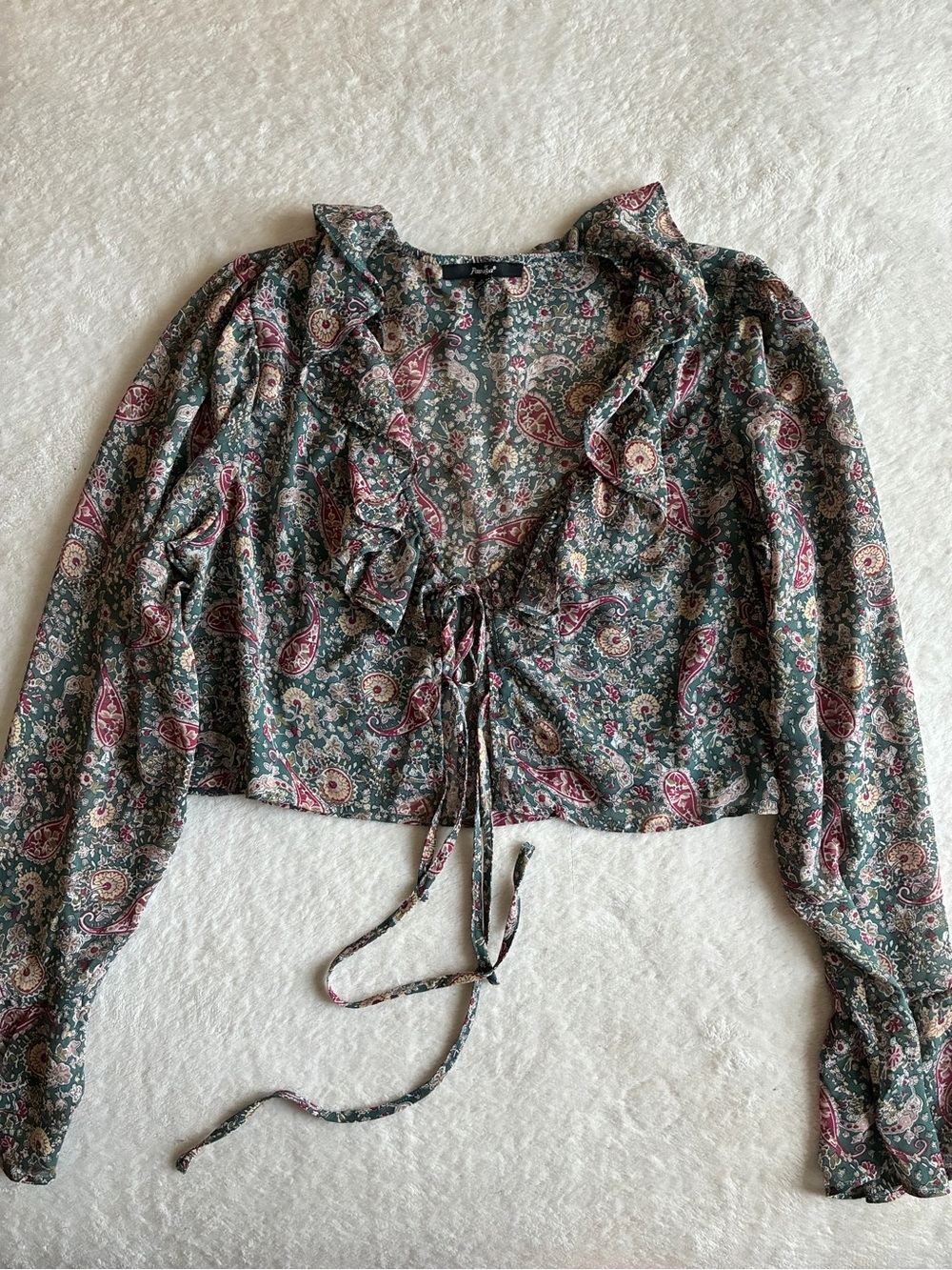 Papaya Green Paisley Ruffle Tie-Front Blouse
